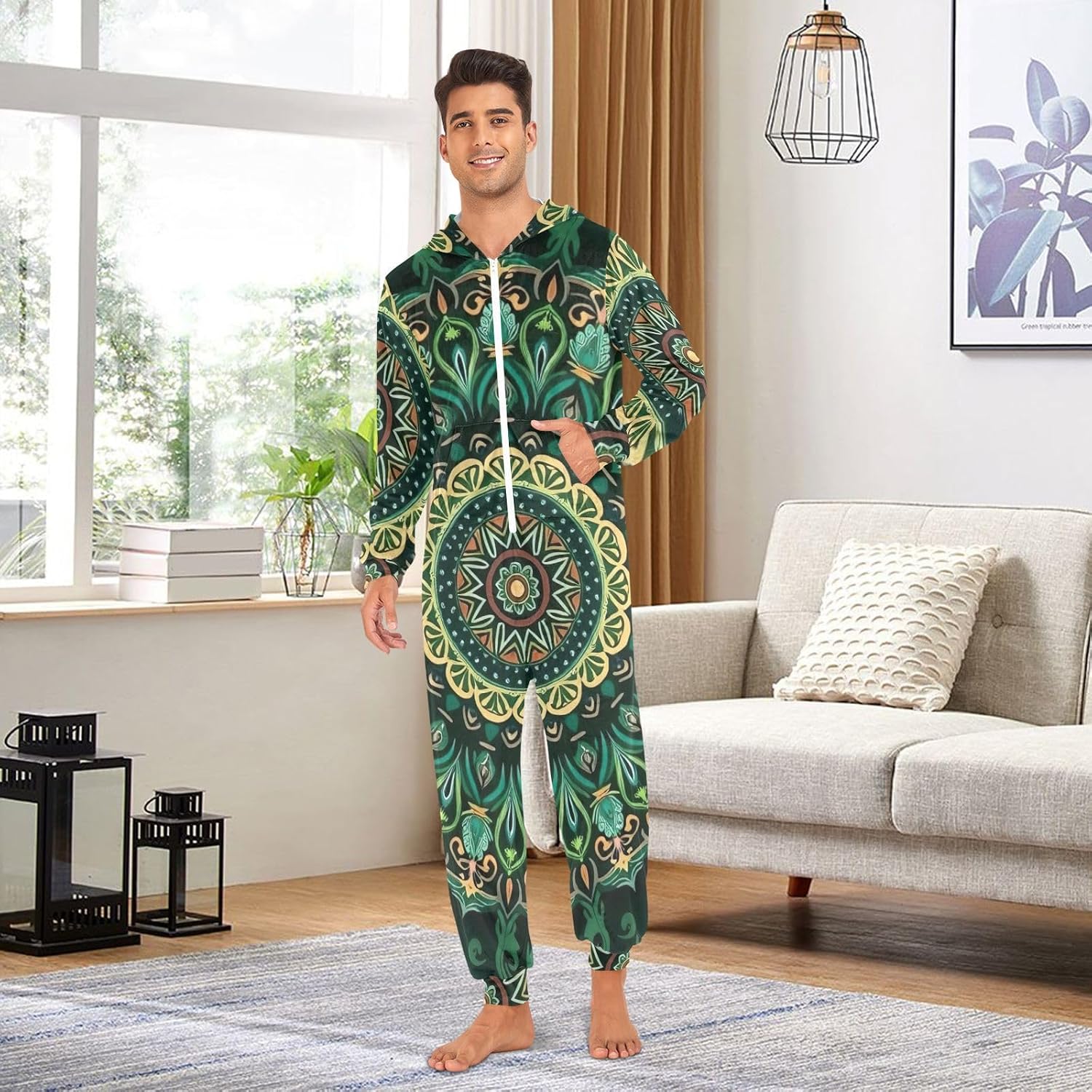 GAIREG Mandala Forest Green Adult Womens Onesie Pjs, Soft Mens Womens Sleepwear