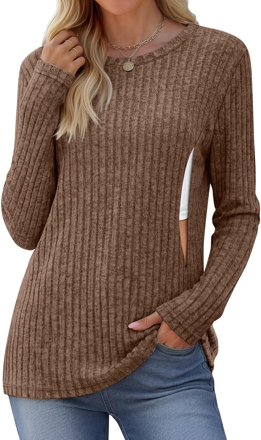 Women Nursing Shirt Breastfeeding Long Sleeve Top Ribbed Thermal Sweater with Hidden Zipper Fall Winter Maternity
