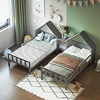 Vista 1 de DEINPPA Camas de casa dobles individuales con estante integrado, cama Montessori tamaño individual con techo, marco de cama individual de madera