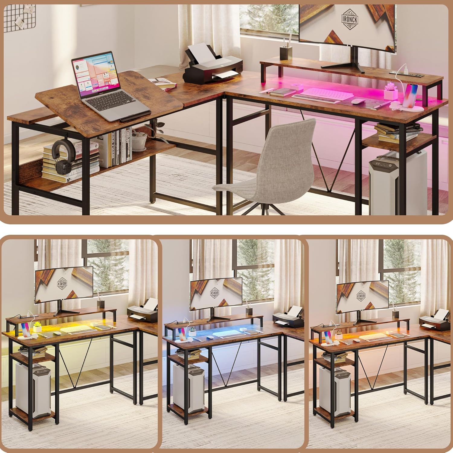 Close-up image of the desk's built-in power strip, showing three AC outlets and two USB charging ports, with devices plugged in.