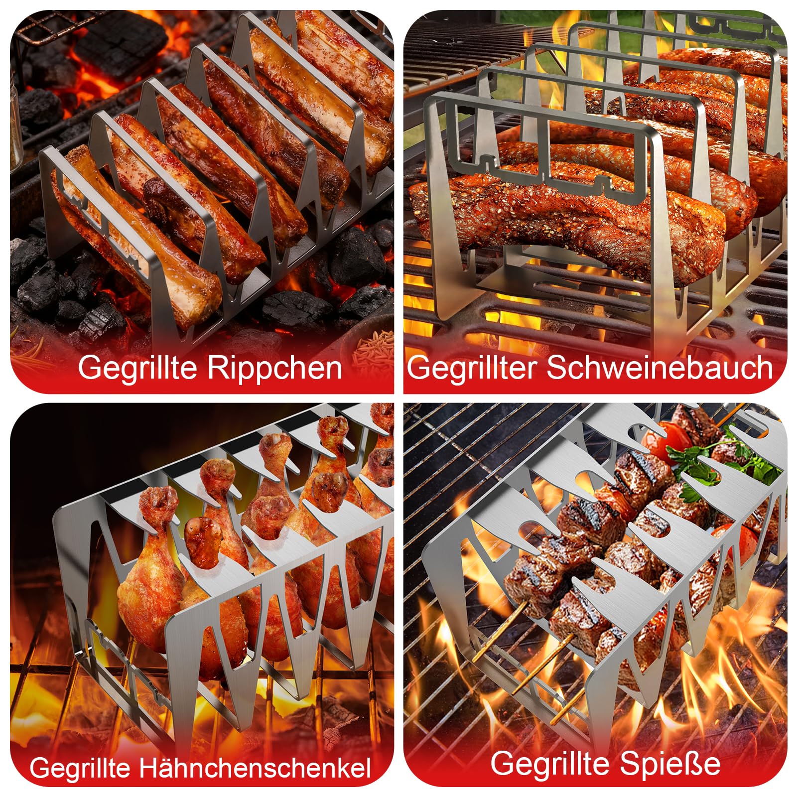 Spareribs uchwyt na grill, uchwyt na udka kurczaka, akcesoria do grilla ze stali nierdzewnej, całkiem proste, pośrednie grillowanie, wielofunkcyjny grill dla mężczyzn, dobry prezent (zestaw 2