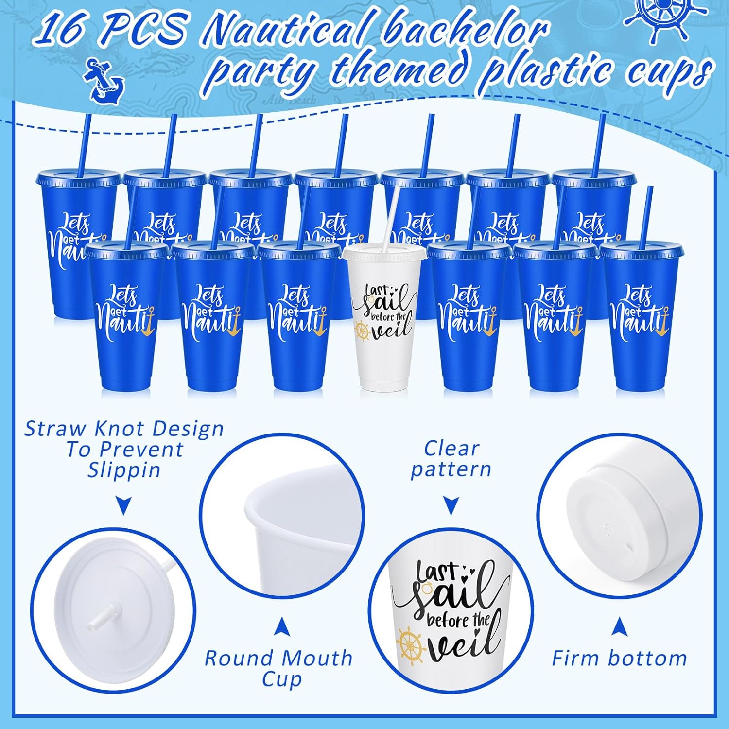 Skyley 16 Pcs Bridesmaid Cups with Lids and Straws 24 oz Bridesmaid Tumblers Plastic Bridal Cups Party Supplies for Wedding Gifts Decorations(Nautical)
