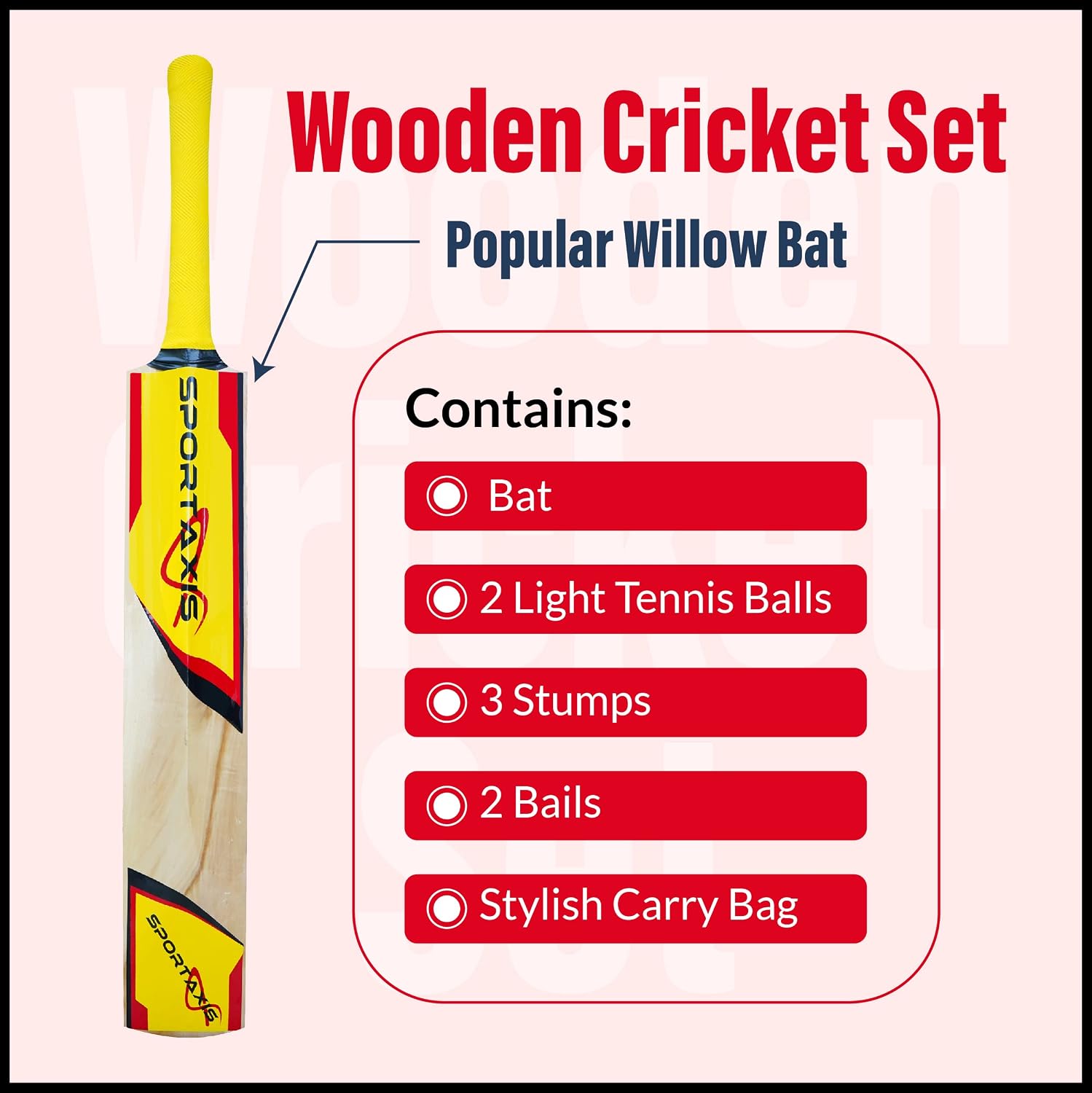 SPORTAXIS- Wooden Cricket Set- Contains Bat, 2 Light Tennis Balls, 3 Stumps, 2 Bails and Stylish Carry Bag- Perfect for Beach and Backyard Cricket for Kids.