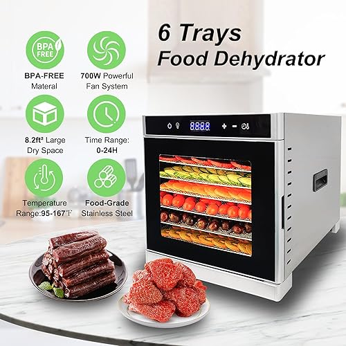 Miniatura 2 de Wixkix Commercial Food Dehydrator Machine, 6 Stainless Steel Trays Dehydrators for Food and Jerky, Electric Fruit Dryer Dehydrator, 24H Timer
