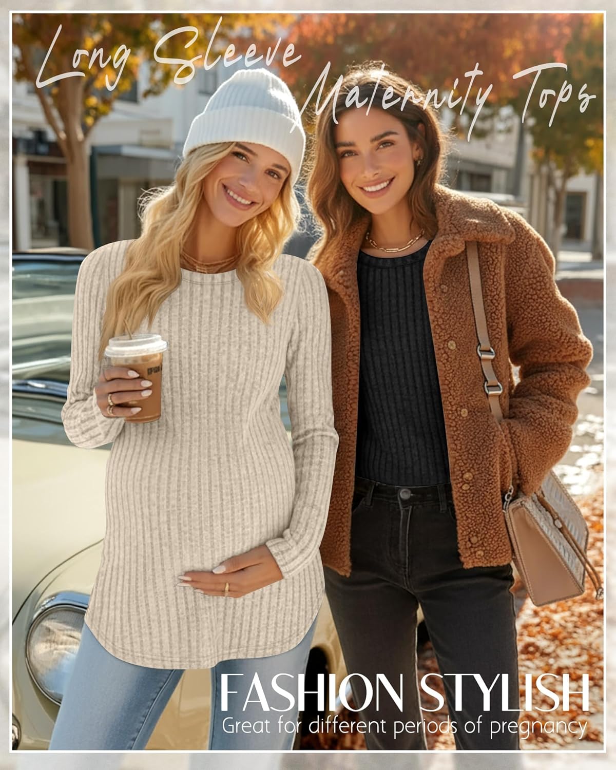 3 Pack Women's Maternity Shirts, Ribbed Long Sleeve Pregnancy Sweaters Curved Hem Split Side Crew Neck Tunic Tops - Image 2