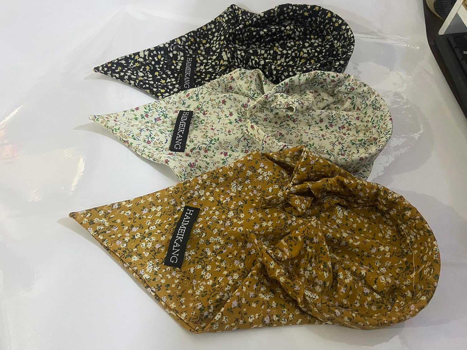 HAIMEIKANG Floral Hair Scarf Headbands for Women Boho Bandanas for Women Triangle Kerchief Solid Color Hair Bands Vintage Head Scarf (Beige+Yellow+Black) - Image 8