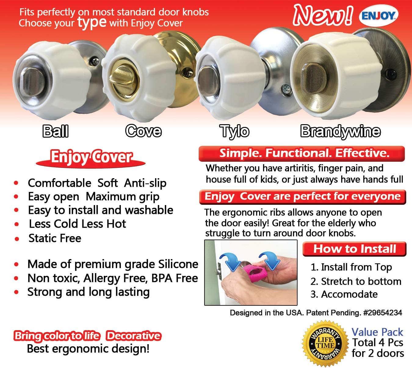 Enjoy Cover New Door Knob Cover Grips Non Slip Arthritis & Senior Living Aids Grippy Easy Open Decorative. Simple Functional Effective Solution- 4 Pack (White, Brandywine) image 3