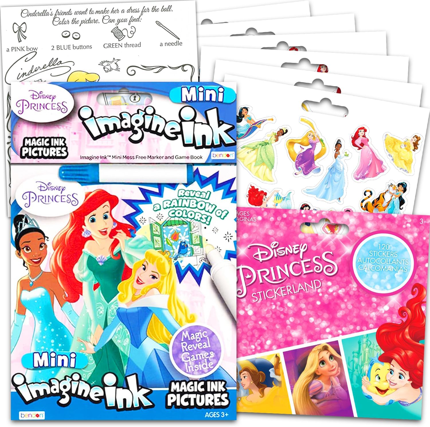 Disney Princess Imagine Ink Book and Sticker Book Set (Bundle Includes 2 Books and Mess Free Marker)