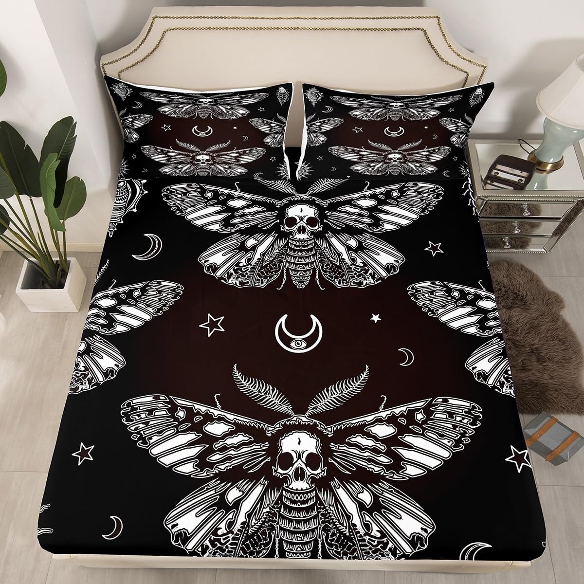 Kids' Sheet Set Queen Death Moth Bed Sheet Set Boys Girls Soft Retro Boho Skeleton Sugar Skull Bedding Set (Deep Pocket Fitted Sheet + Flat Sheet + 2 Pillow Case) Vintage Gothic Bones Moth Sheets