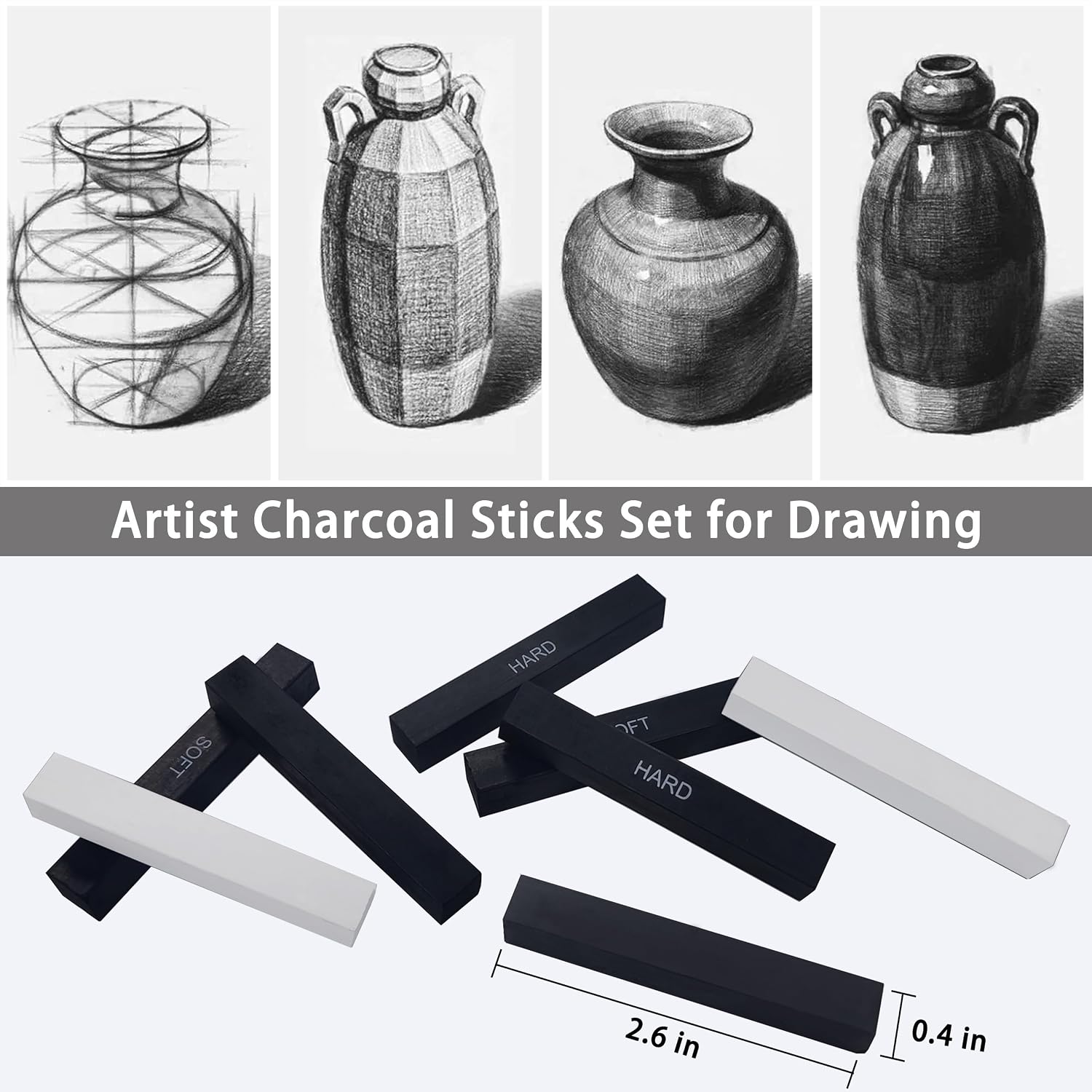 24 Pcs Compressed Charcoal Sticks with Soft, Medium, Hard and White Charcoal, Square Charcoal Stick Kit for Drawing, Sketching and Shading (12 Black and 12 White)