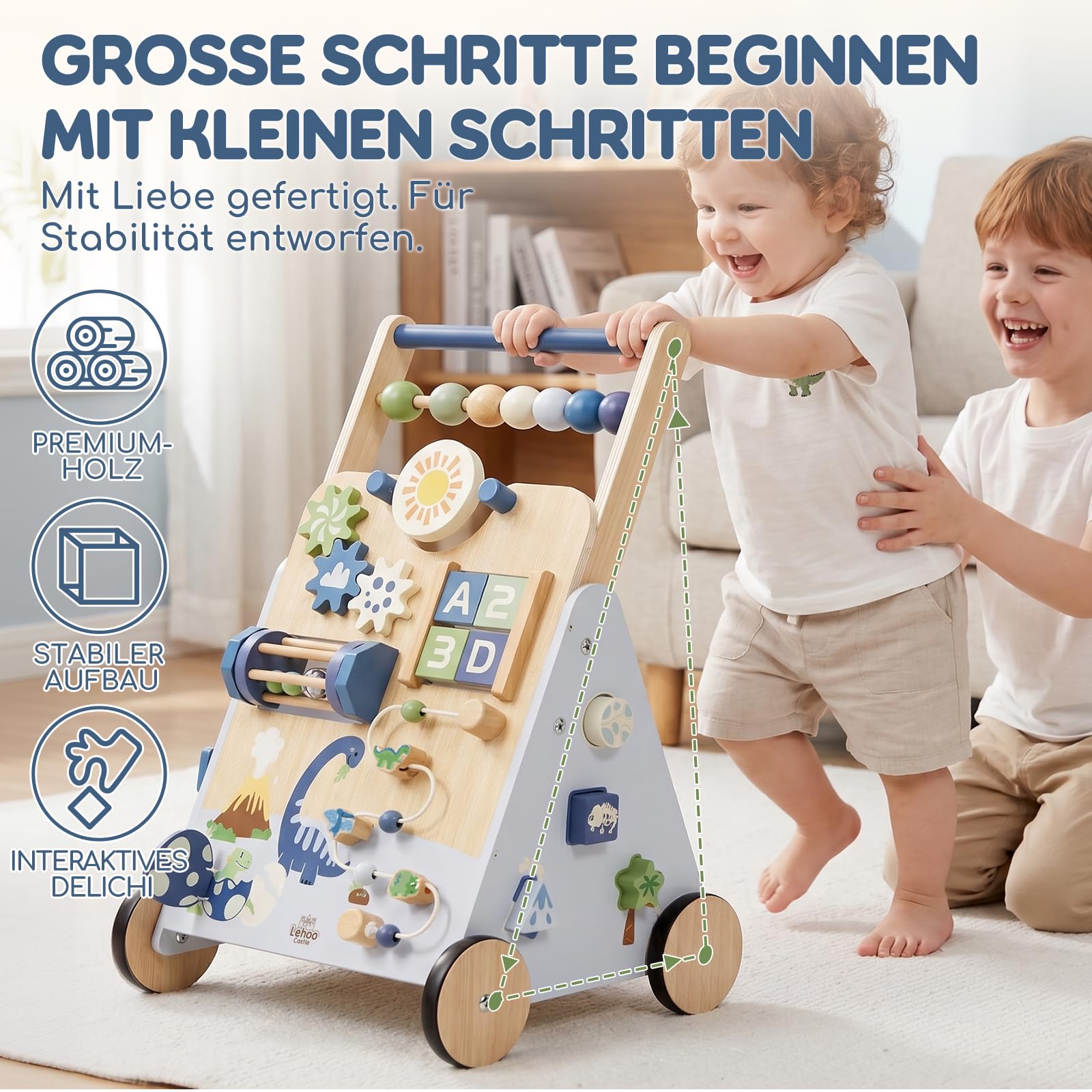 Lehoo Castle Lauflernwagen Holz mit Bremse, Dinosaurier Laufwagen ab 1 Jahr | Einstellbare Bremse, 9-in-1 Activity Center, Einfache Montage, Montessori inspiriertes Spielzeug, Geschenk 1 Jahr Jungen