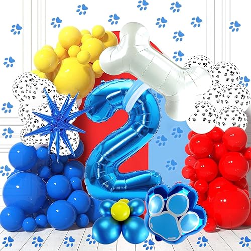 Kit de arco de guirnalda de globos de 158 piezas con números azules de 40 pulgadas, globos de papel de aluminio con estampado de huellas de perro