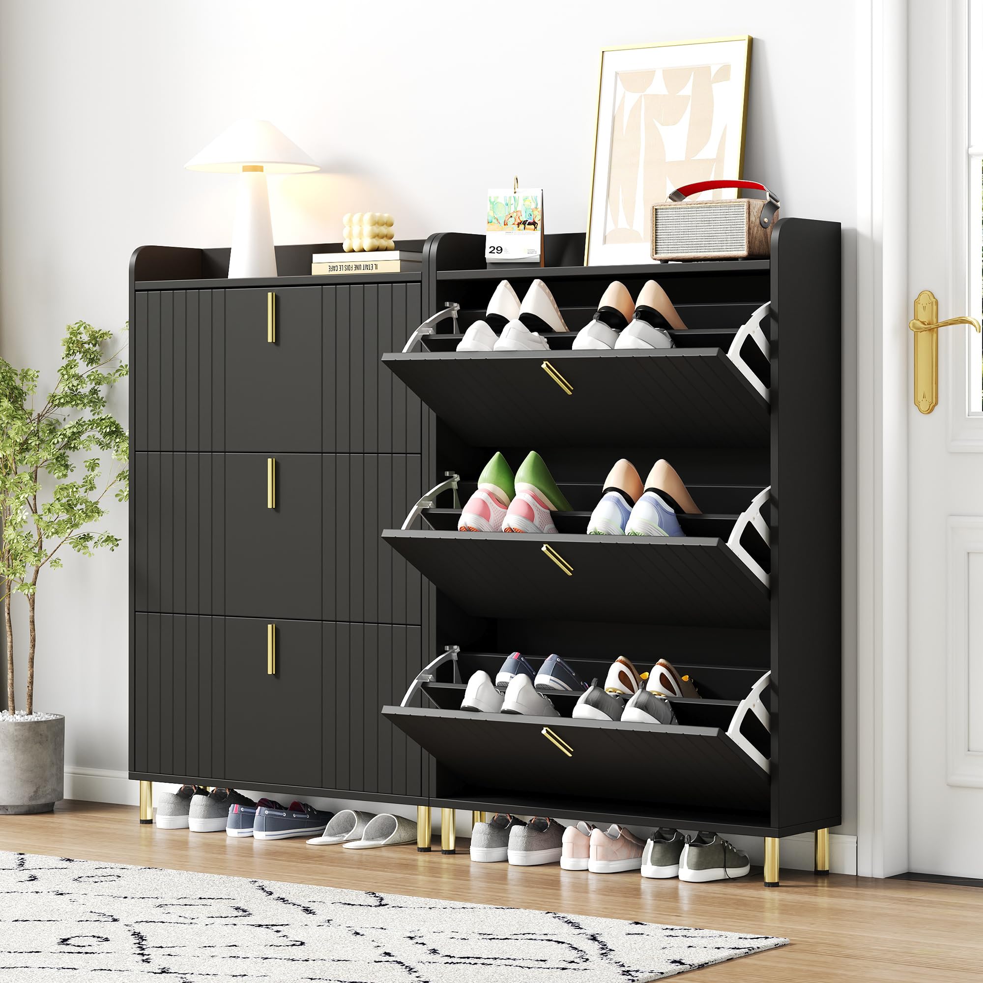 2er Set Schuhschränke je 3 Klappen 6 Fächer Schwarz 80x23,5x123,5cm