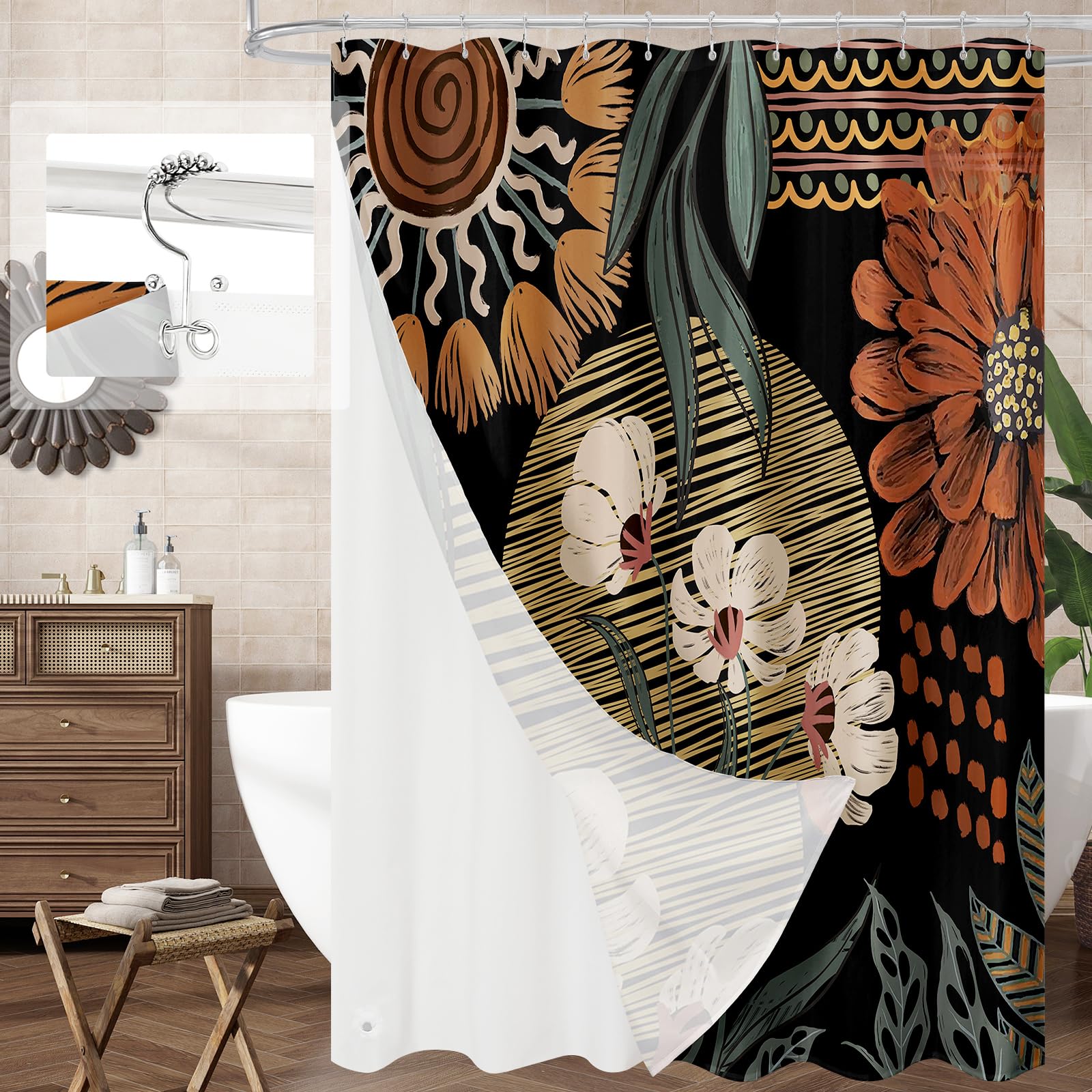3 in 1 Boho Rustic Shower Curtain Set with PEVA Liner &amp; 12 Hooks, 72 x 84