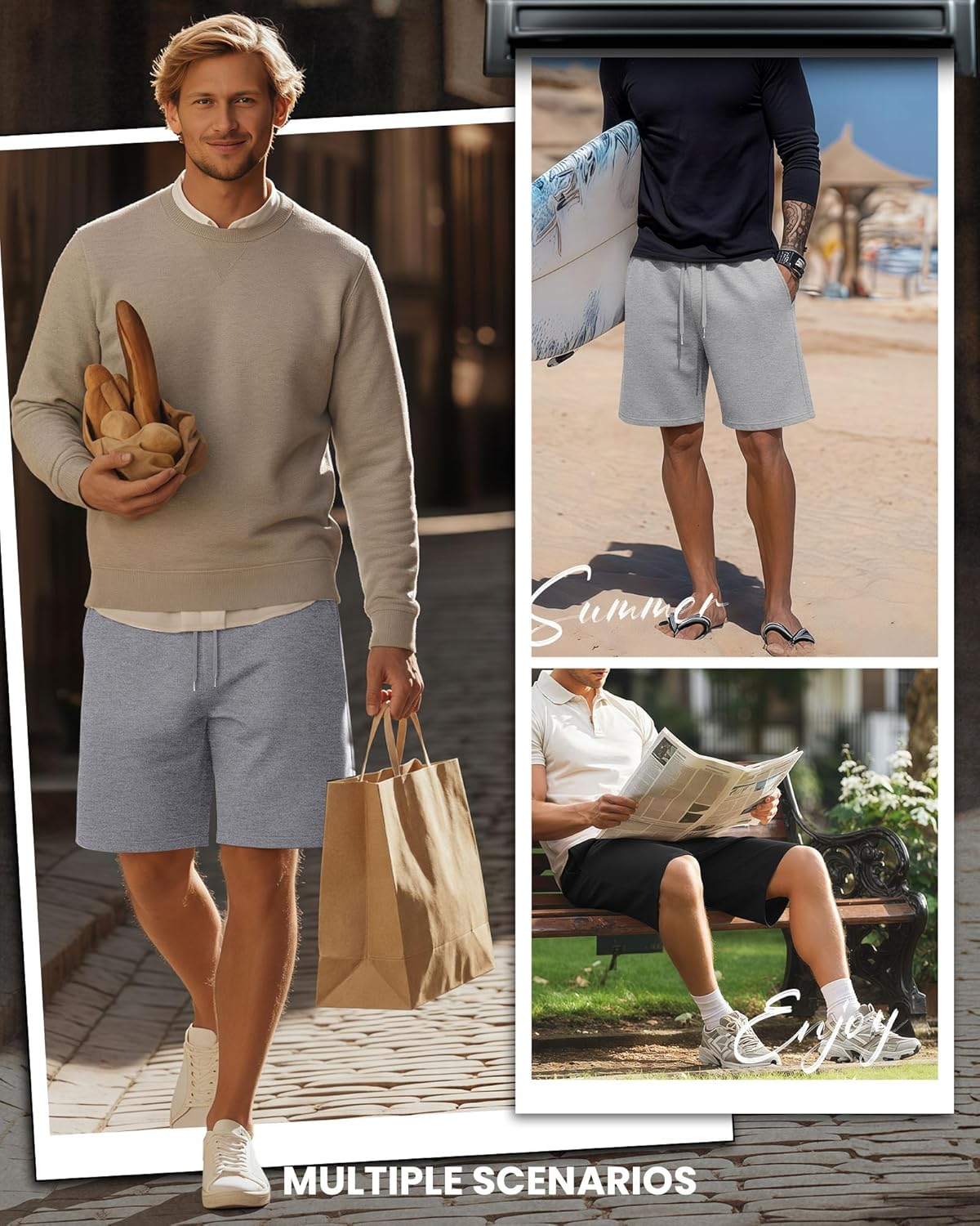 Riyiper 3 Pack Men's Bermuda Athletic Shorts Cotton Casual High Waist Shorts with Pockets Drawstring Knee Length Shorts