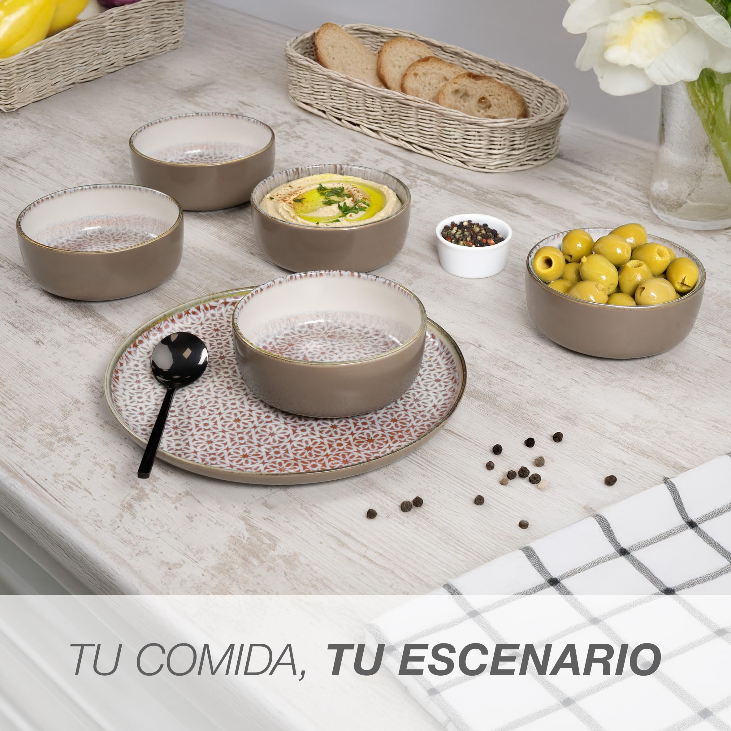 Moritz & Moritz ALHAMBRA - Vajilla para 6 personas, 18 piezas, de porcelana de alta calidad, moderna vajilla en mousse, fácil cuidado, juego de 6 platos llanos, platos de postre y cuencos