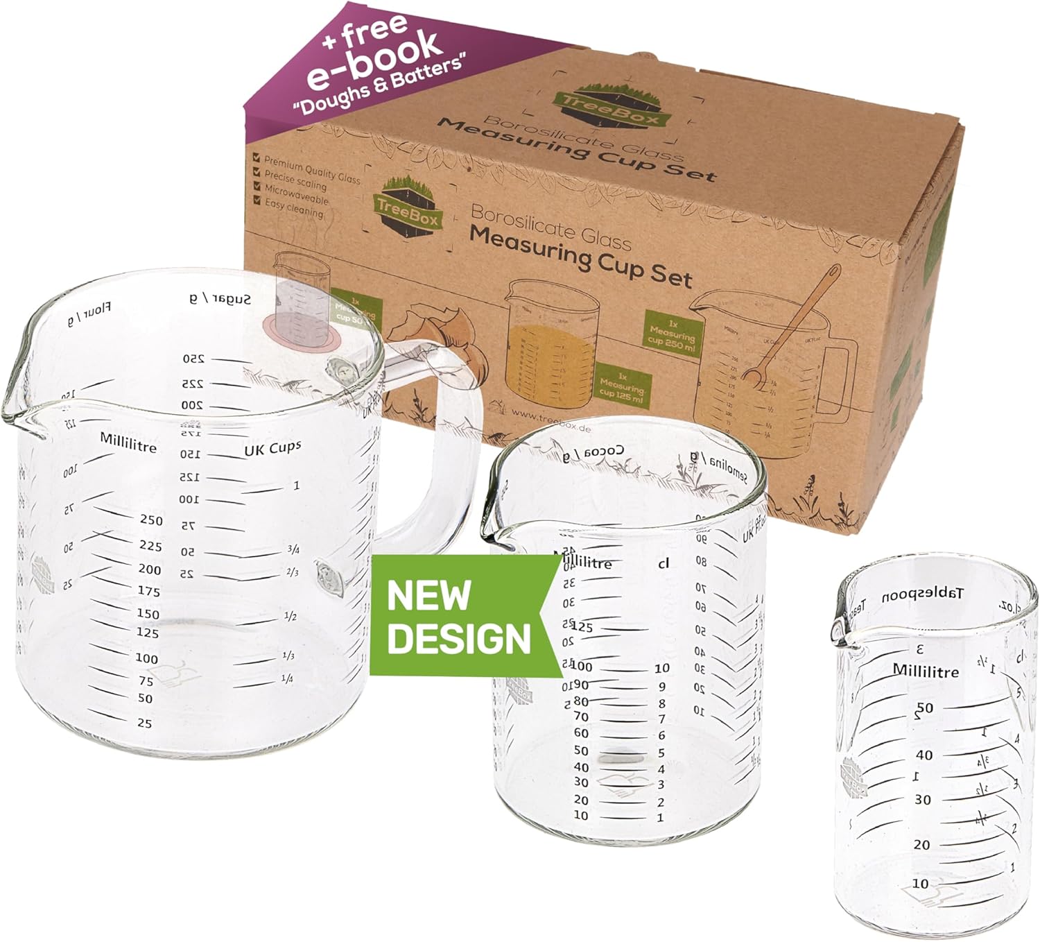 TreeBox Glass Measuring Cups Measuring Jugs Set of 3, (250ml, 125ml