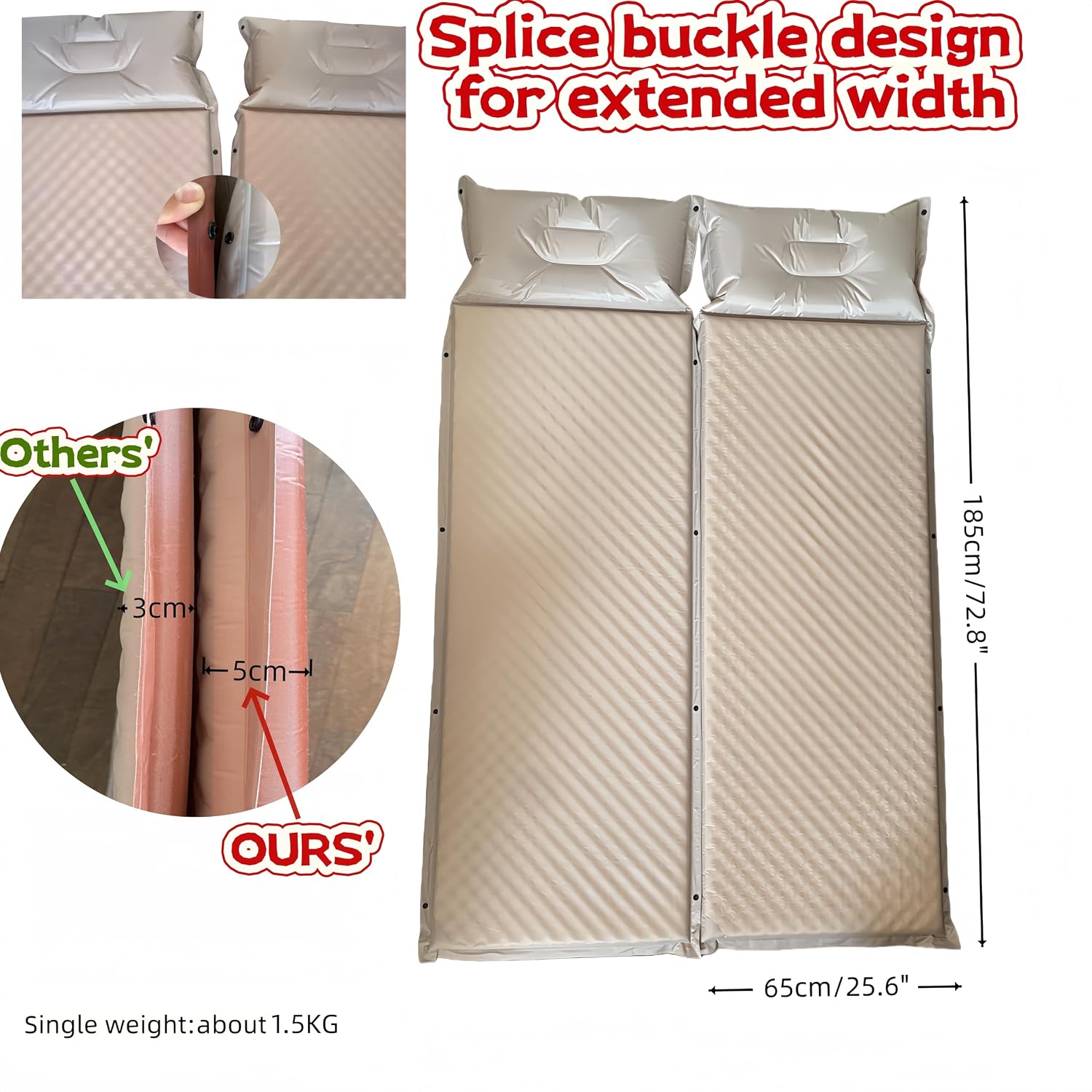 Double-Sided Self-Inflating Memory Foam Camping Mattress with Cervical Pillow, Foot Pump Included, 5mm Thickened, Fast Dual Layer Valve Inflation/Deflation, Splice Buckle Expansion, Carry Bag