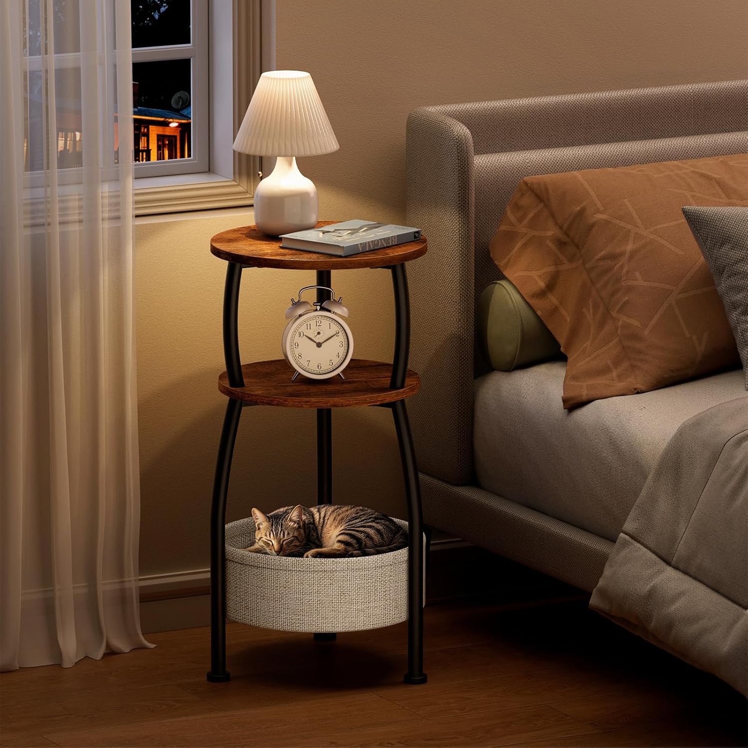 Small Side Table for Small Spaces with Storage Basket, Round End Table 3-Tier NightStand Sofa Corner Table for Living Room, Bedroom, Patio and More 24in Tall Rustic Brown