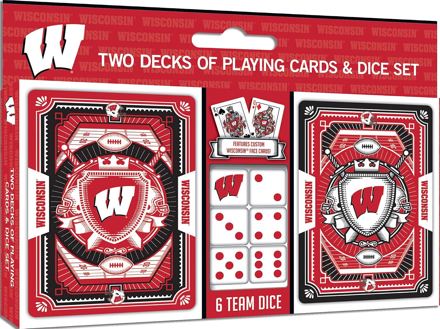 MasterPieces NCAA Wisconsin Badgers Playing Cards and Dice Set, Officially Licensed Collegiate Game Night Collection, Two Poker Size Decks with Custom Artwork, Six Dice, Wisconsin Badgers Fan Gift