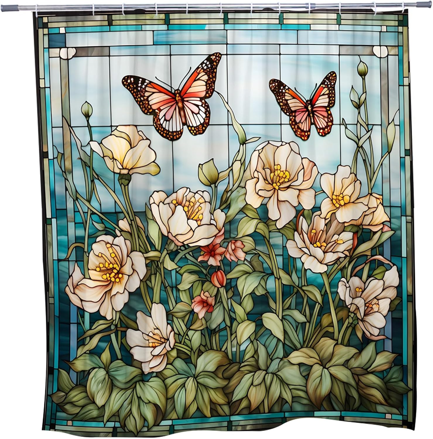 Butterfly Flower Shower Curtain Natural Botanical Green Leaf Art Animal Garden Watercolour Bathroom Decoration Polyester Waterproof Machine Washable with Hooks