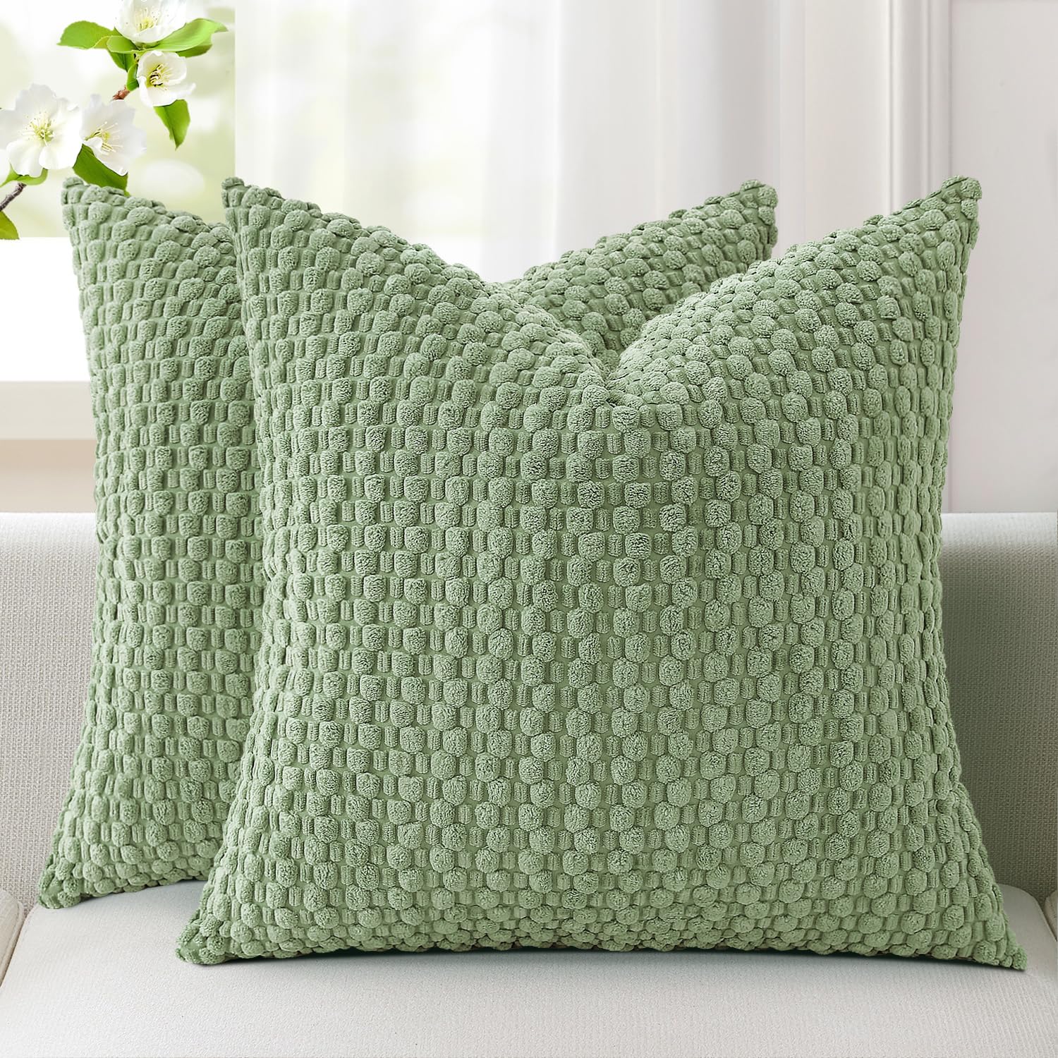 Kevin Textile Soft Corduroy Cushion Covers 45 x 45 cm Set of 2, Soft Granule Decorative Square Cushions Covers 18x18 Inch with Invisible Zipper for Chair Couch Sofa Bedroom, Sage Green