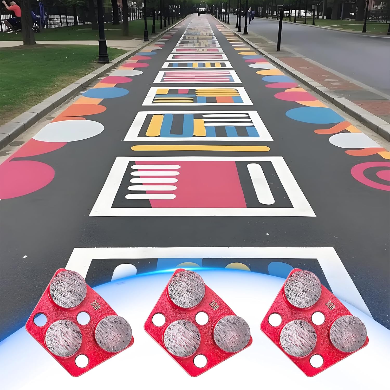 3Pcs Trapezoid Diamond Grinding Disc, 30 Grit Floor Grinding Pad Concrete Grinding Disc with M9 Mounting Hole, for Granite Stone Marble Floor Grinder or Polishing (3 Cylindrical Teeth-Red)