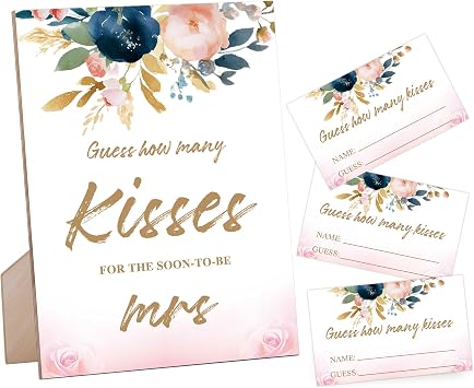 How Many Kisses Bridal Shower Game, Flowers Bridal Shower Signs, for Engagement Party Decor, Bridal Party Games for Wedding Reception and Bridal Shower, 1 Wood Sign and 50 Cards,1