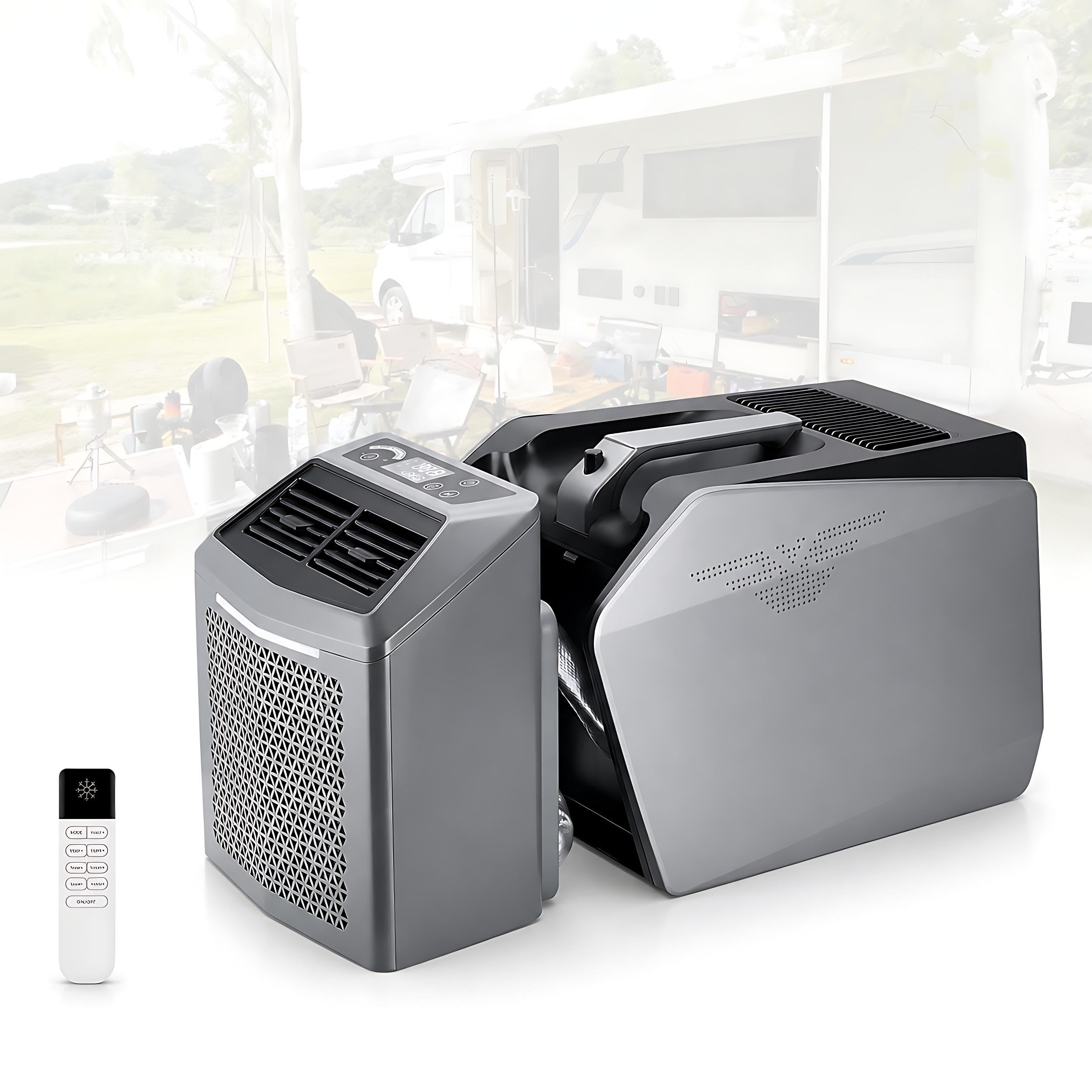 KPOUYYDS 6200 BTU Portable Air Conditioner, Camping AC Unit, 550W, 3-Way 48V DC/110V/220V AC, 4-in-1 Quiet Split Design Cooling Fan with Drain-Free Function, for Tent RV Van Truck Outdoor Use 48V