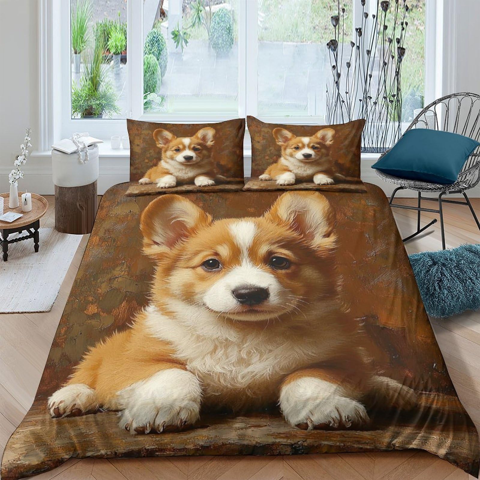 Ctjqhvkz Style-9 3D Printed Corgi Dog Fitted Sheet Microfiber Soft Brown Animal Bed Cover For Bedroom Guestroom Decor Single（135X200cm）