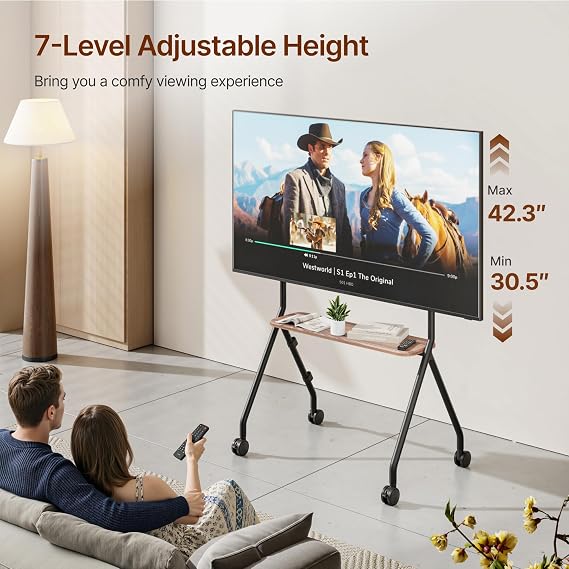 Rolling Easel TV Stand for 4980 Inch TVs, Mobile TV Cart with Lockable Wheels, Portable Floor Stand with Wood Shelves, VESA 600x400, Black