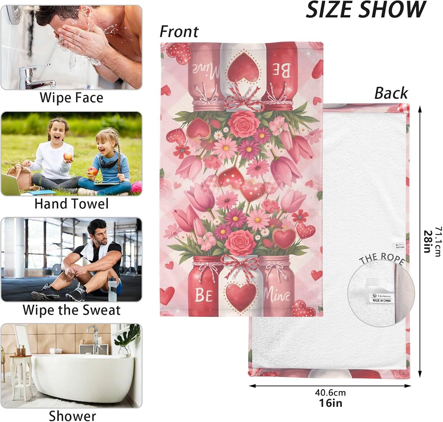 Cotton Hand Towels for Bathroom Set of 2 Roses Flowers Love Hearts Vase Valentine’s Day Plaid Kitchen Towels Soft Bath Towel Absorbent Towels for for Face,Gym,Sports 16x28in