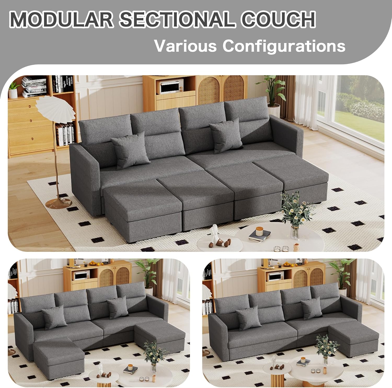 Grey Cloud Sectional Couch: 48" Loveseat Modular Sectional Sofa with Cuddler, Modern 4 Seat Modular Sofa, Comfy Couches for Living Room, Apartment | Linen