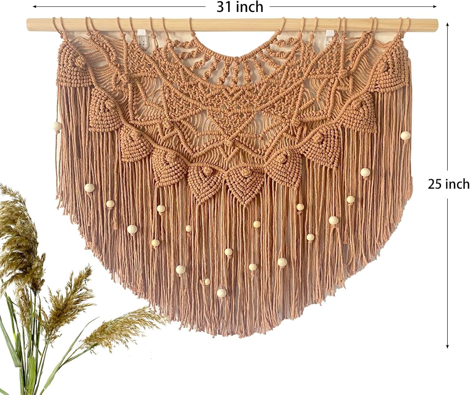Youngeast Large Macrame Wall Hanging Boho Beaded Curtain for Window Macrame Bedroom Headboard Living Room Wall Art Tassel Tapestry Bohemian Woven Wall Decor 31" W X 25" H (Khaki)