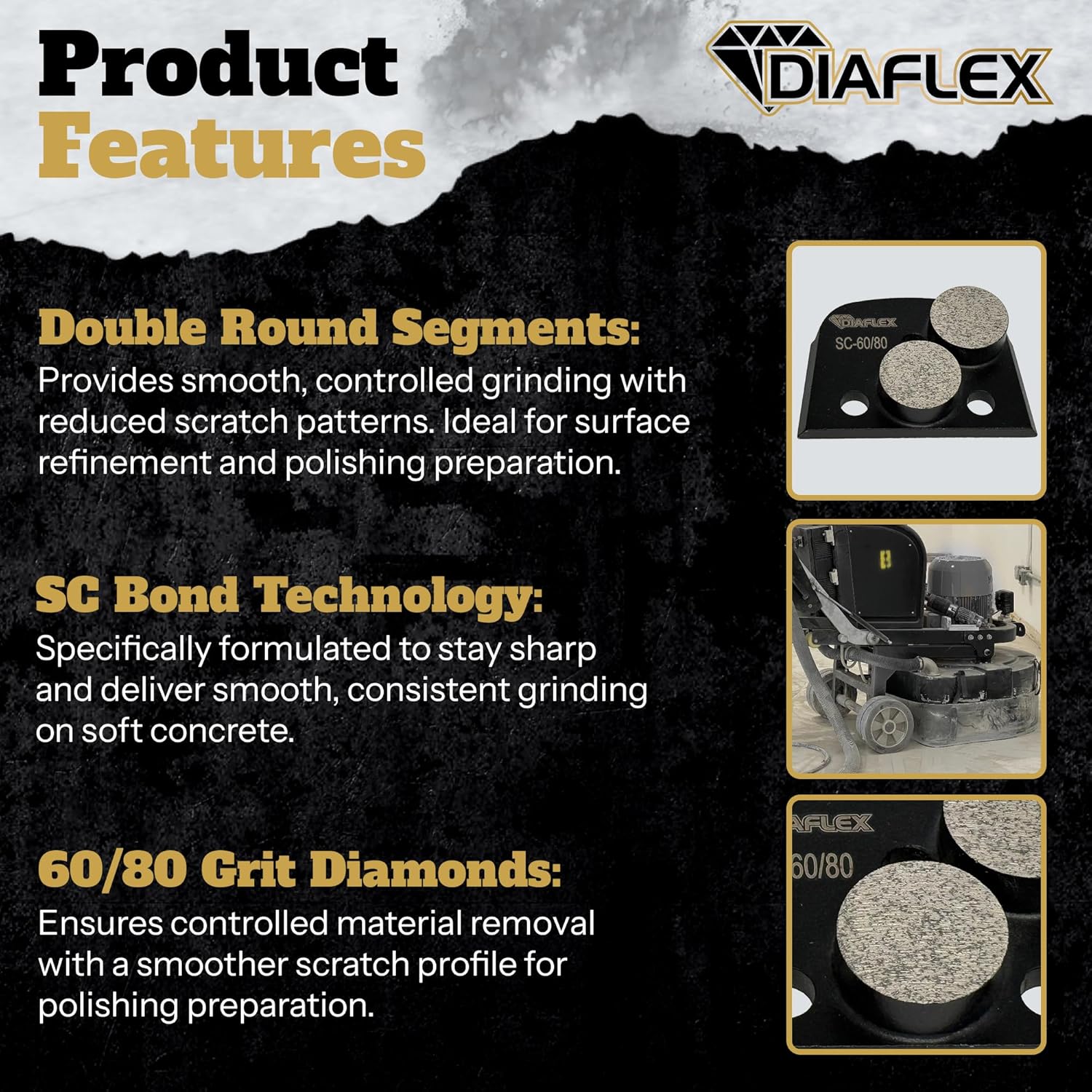 Diaflex Double Round Grinding Tool, (SC) 60/80 Grit Soft Bond, Quick Change Dovetail Trapezoid for Concrete Floor Preparation, Compatible with Lavina, EDCO & Bartell Global, 3 Pack