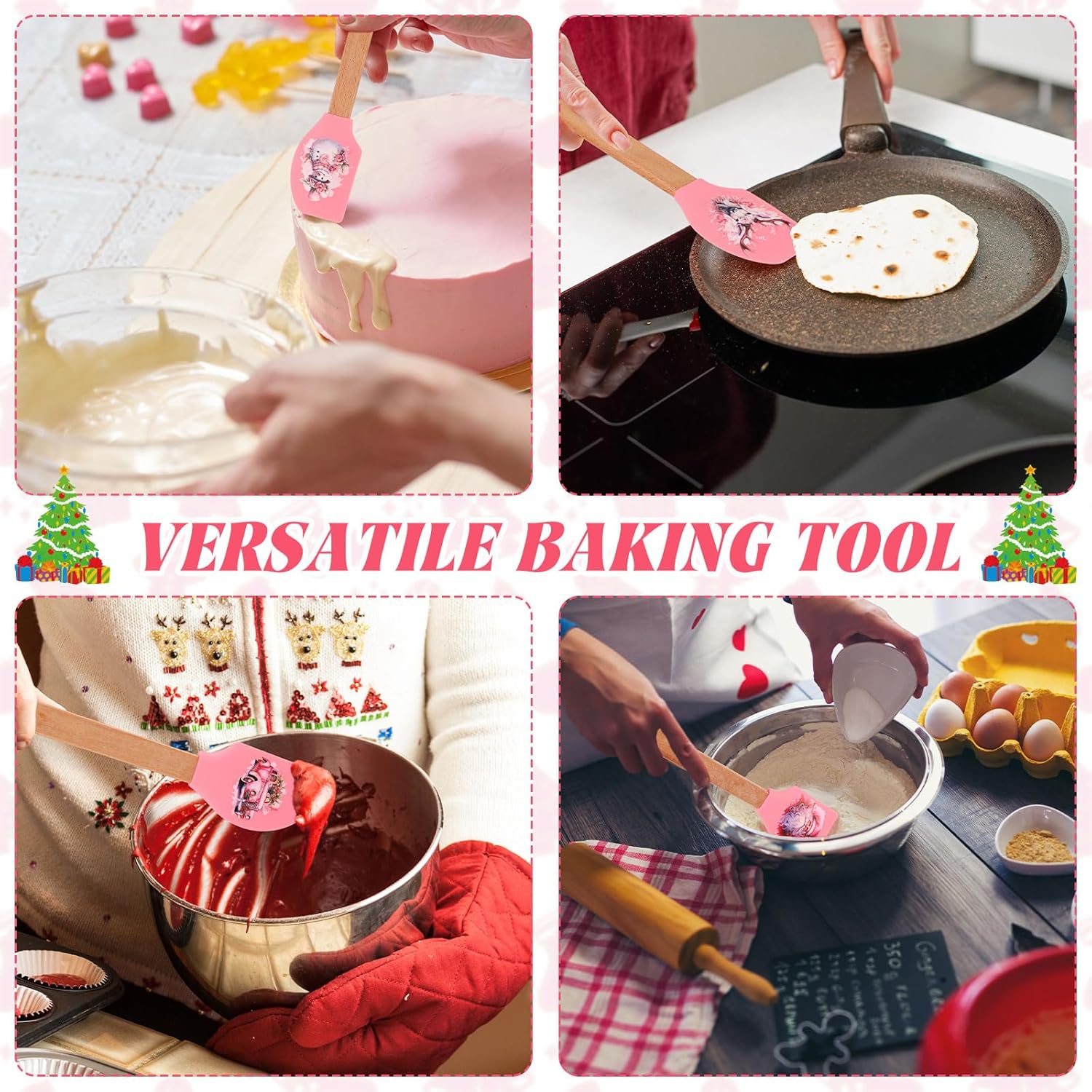 24 Pcs Pink Christmas Pot Holders and Silicone Spatula Gift Christmas Hot Pads with Pocket Xmas Scraper with Wooden Handle Heat Resistant Oven Mitt Cookie Bag for Baking Cooking(Cute) - Image 6