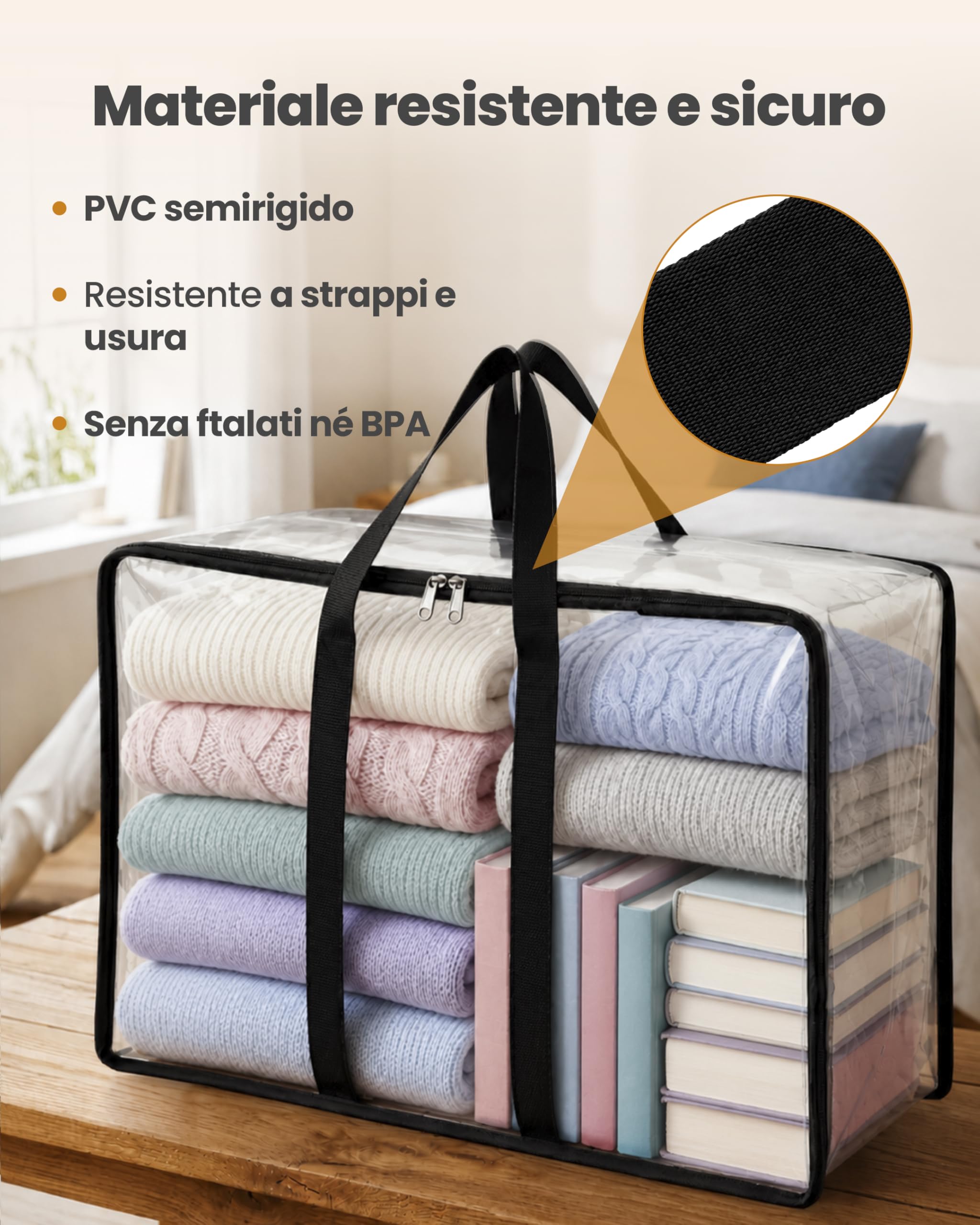 unycos - Scatole per Armadio x 5 Unità【90L】 Contenitori Sottoletto Trasparenti in PVC, Salvaspazio, Pieghevoli con Manici Rinforzati e Cerniera Bidirezionale per Maglioni, Cappotti (60 x 35 x 43 cm)