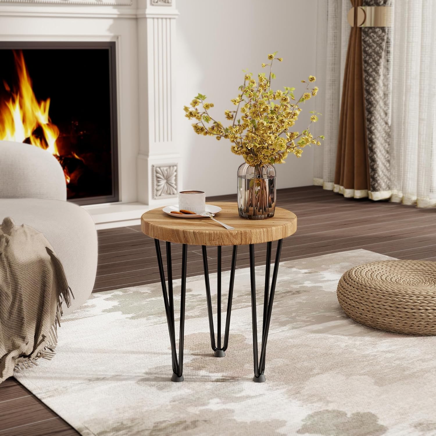 Fun Memories Round Coffee Table - Elm Wood Nesting Table with Metal Legs & Non Slip Feet Base - Rustic Nesting End Tables for Living Room Bedroom - 20" D x 20" W x 16" H - Natural Color