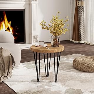 Fun Memories Round Coffee Table - Elm Wood Nesting Table with Metal Legs & Non Slip Feet Base - Rustic Nesting End Tables for Living Room Bedroom - 14" D x 14" W x 16" H - Natural Color