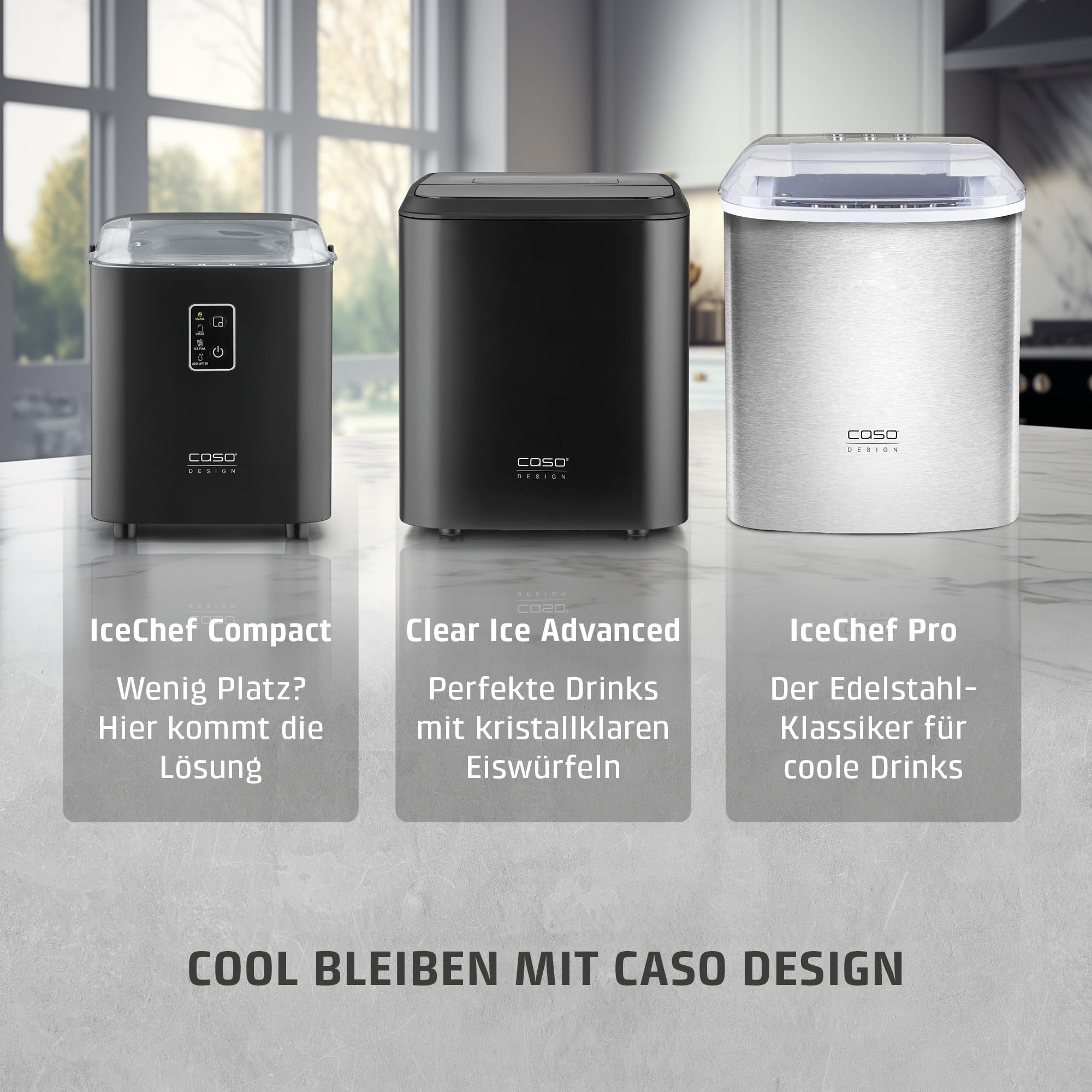 CASO Clear Ice Advanced Eiswürfelbereiter mit Kompressor – Leise 48 dB, klare & matte Eiswürfel, 8–12 Min., 1,5 l Wassertank, Selbstreinigung, matt schwarz