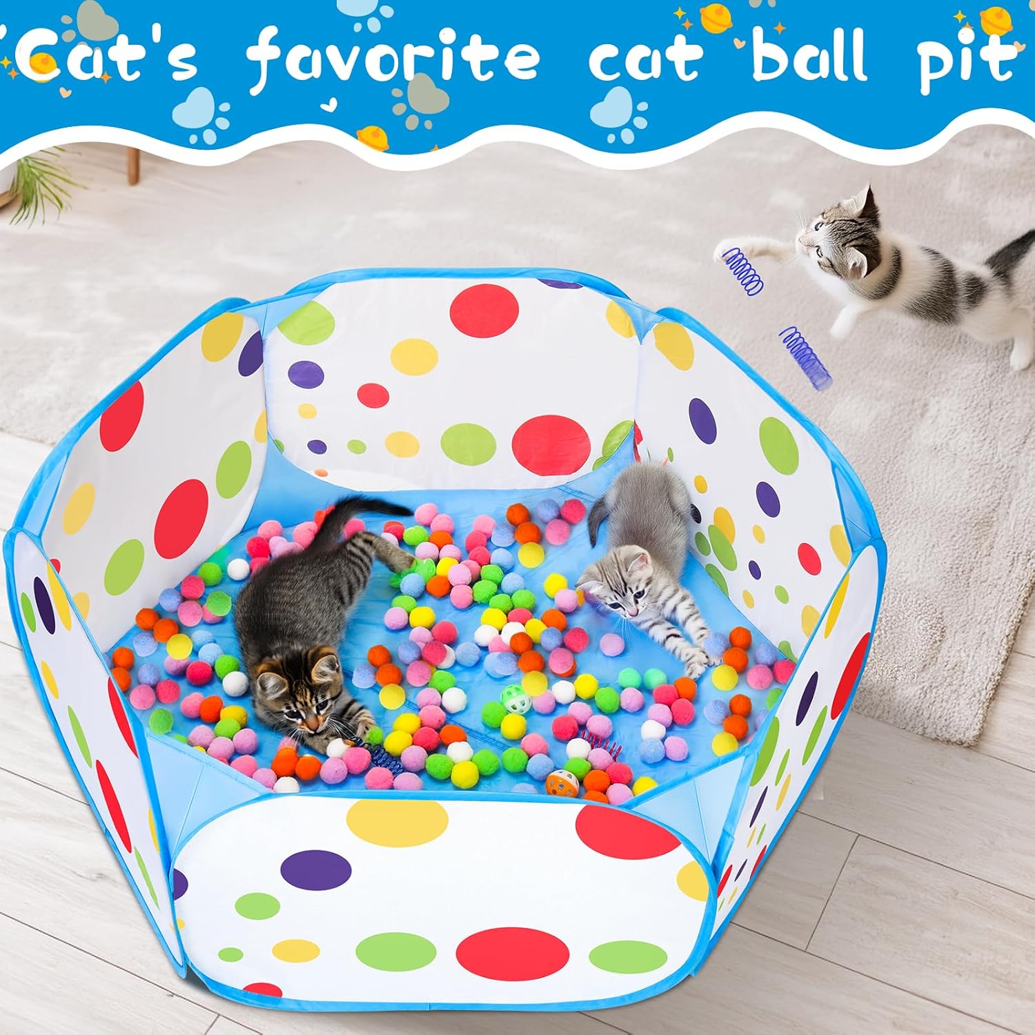 AIERSA Interactive Cat Toy,Cat Ball Pit with 4Pcs Cat Spring Toy,200Pcs Pom Pom Balls,10Pcs Jingle Balls,Cat Toys for Bored Indoor Cats,Cat Enrichment Toys for Indoor Cats Self Play