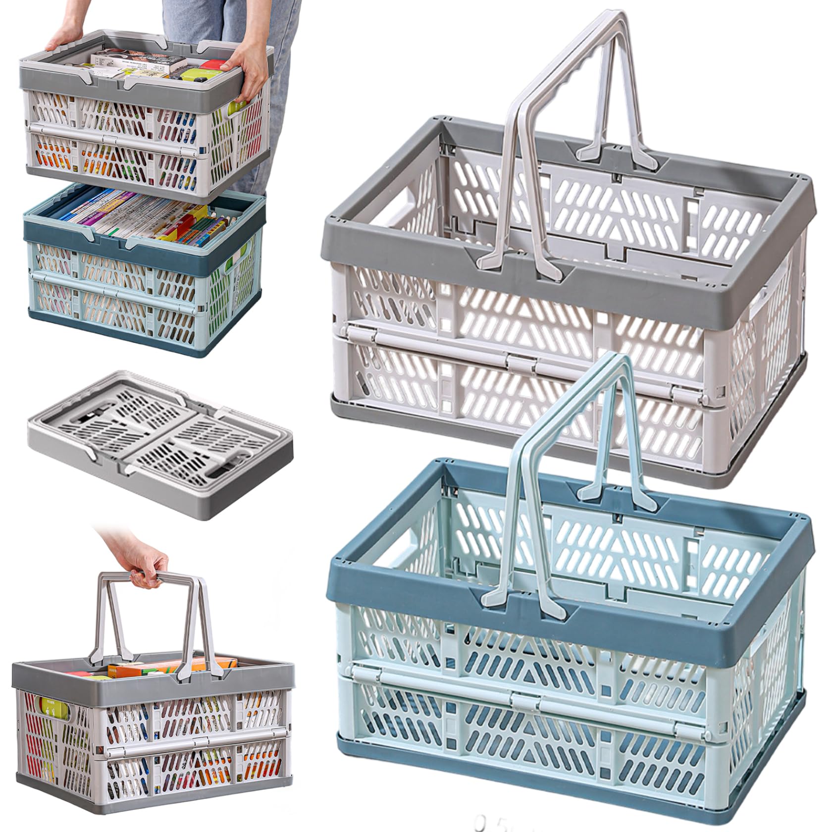 Hbbgdiy 2Pcs Collapsible Shopping Basket Foldable PP Plastic Crate 12x8x6.5 Inch with Handles Portable Storage Basket for Kitchen Bathroom Cabinet Office Use