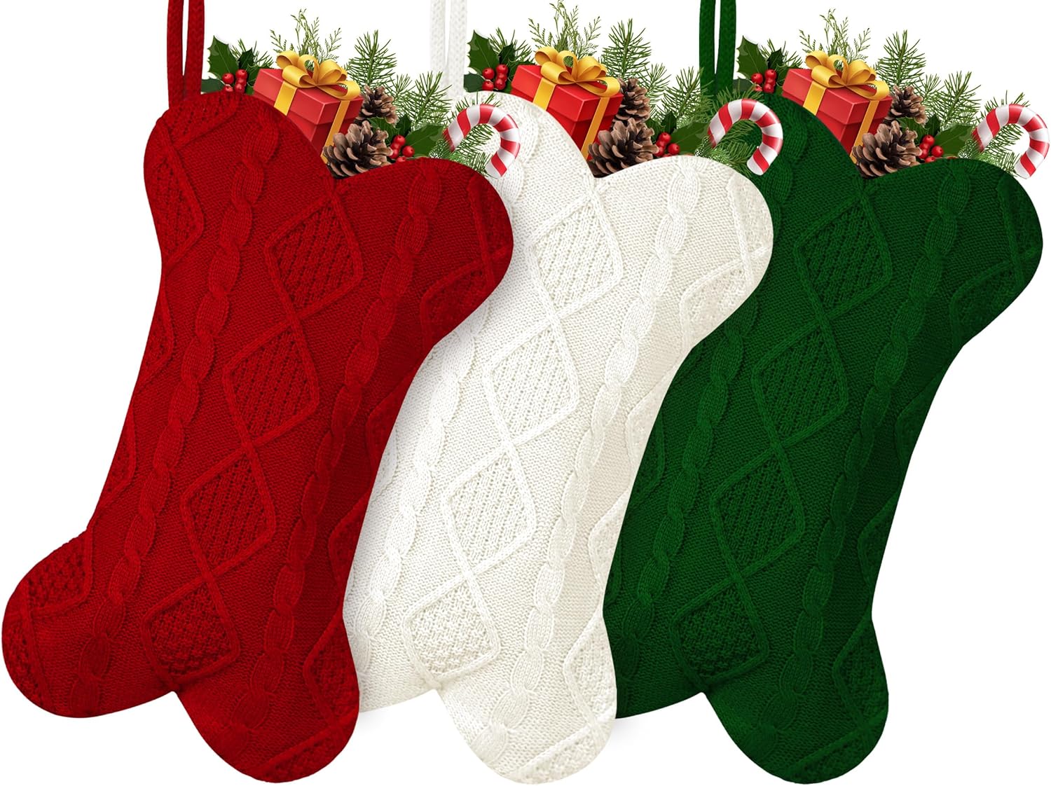 GOYOSWA 3 Pack Dog Christmas Stocking, 18 Inch Large Double Side Knitted Christmas Stocking for Dogs, Bone Shaped Hanging Dog Stocking for Dogs Pets