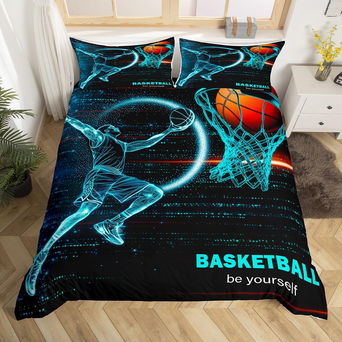Housse de couette joueur de basket-ball pour lit double ado réversible noir