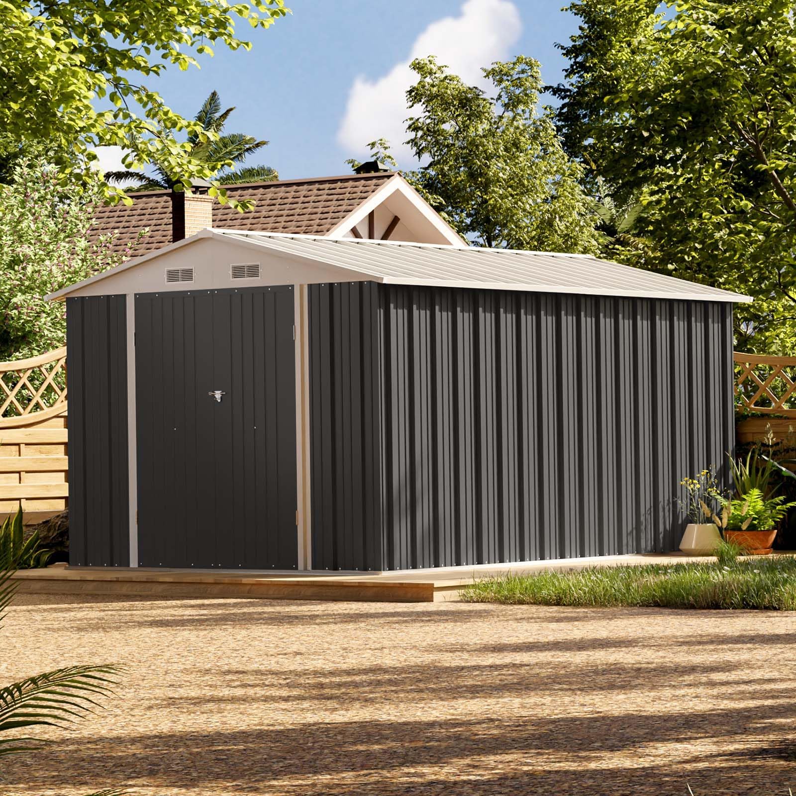 8 x 12 FT Metal Storage Shed for Outdoor, Steel Yard Shed with Design of Lockable Doors, Utility and Tool Storage for Garden, Backyard, Patio, Outside Use, Grey