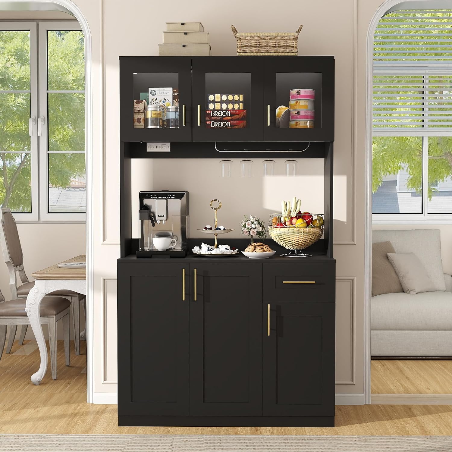 Kitchen Pantry Cabinet Hutch: 71" Black Kitchen Pantry Storage Cabinet with Countertop, Tall Microwave Hutch Cabinets with 6 Doors, Modern Pantries with Charge Station