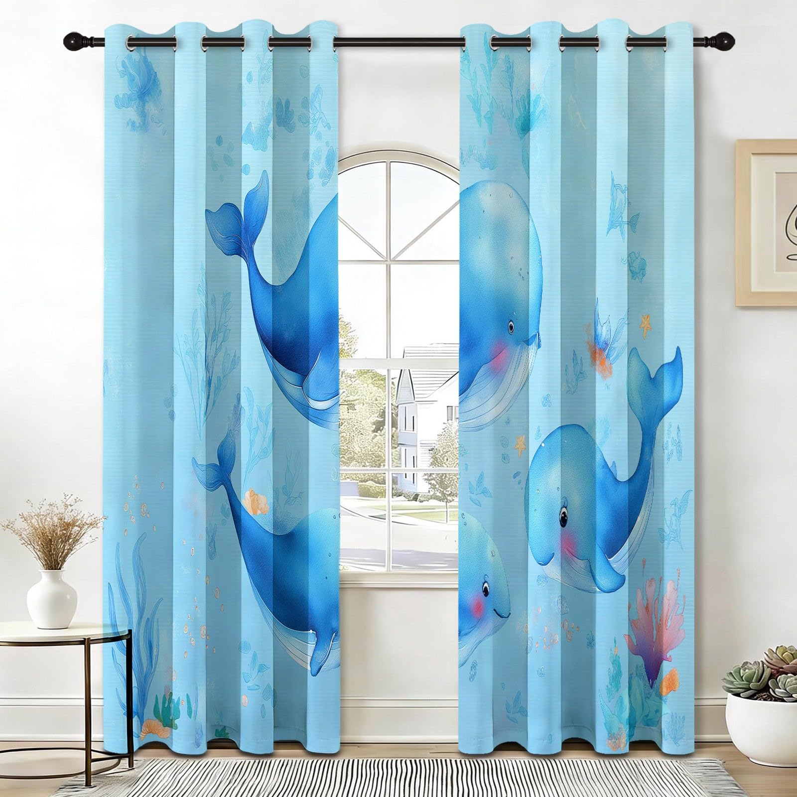 Tenda Mare Balena Corallo, Tenda Oscurante Termico Isolante Arazzo Opaco con Occhielli, Tendaggi Interni, Marina Cartoon Lenitivo Design per Soggiorno e Camera 2 Pezzi 140 x 160 H cm