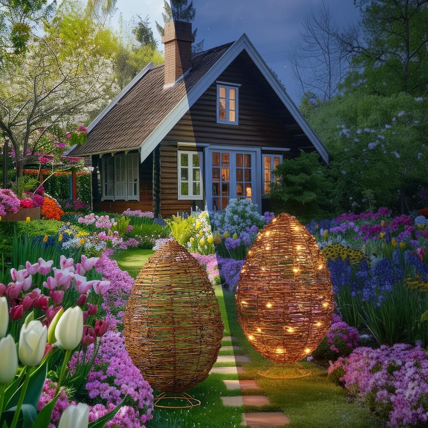 20 Inch Set of 2 Large Easter Porch Decor Outdoor, Rattan Eggs Topiary with 9.84ft LED Lights Easter Eggs Decoration for Home Outdoor Indoor Porch Garden Farmhouse Spring Decoration