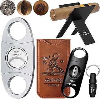 roygra Cigar Cutter Set (5 Pack), Cigar Accessories for Men Fit All Cigars - Stainless Steel Guillotine, Enlarged V-Cut, Punch, Holder Stand, Leather Case - Smoking Accessories, Portable Sharp Cut