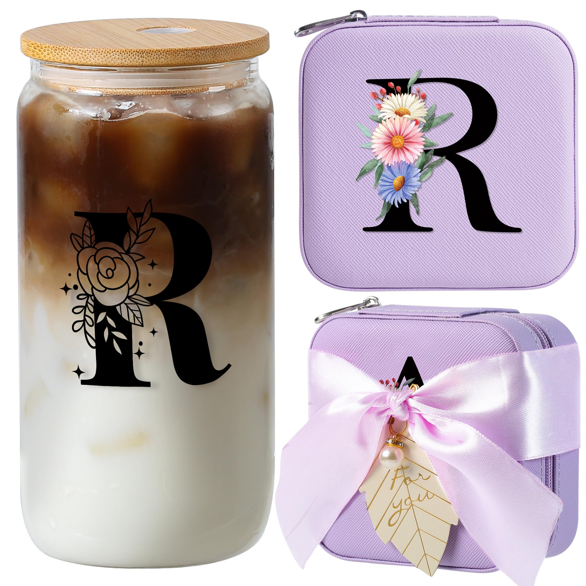 AYGXU Travel Must Have Jewelry Box with Bamboo Lids, Small Travel Case, Birthday Gift for Mom, Initial R Purple